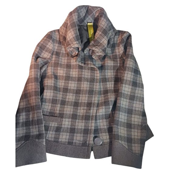 Soia & Kyo Plaid Wool Blend Cropped Jacket Gray Check Asymmetrical Button Coat - Picture 1 of 8